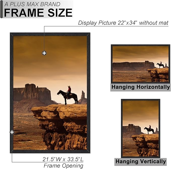 A PLUS MAX 22x34 Picture Frame Set of 2, Black Engineered Wood Frame for 22 x 34 Inch Picture Poster Photo, Light Weight 22 by 34 Frame with Wood-grain for Wall - 2 Pack/Black/22 x34