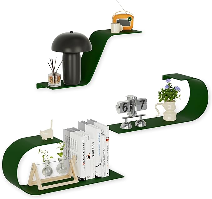 Green Floating Shelves Set of 3, Green Metal Decor, Unique Mounted Floating Shelf, Modern Long Wall Shelf, Large Wall Shelves for Bedroom, Bathroom, Living Room