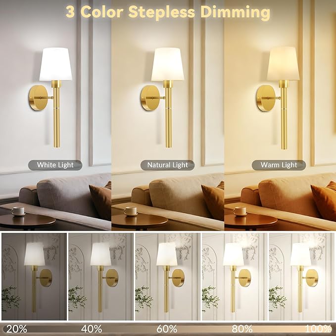 Battery Operated Wall Sconce, Wireless Wall Lamp Set of 2 RGB Dimmable Rechargeable Wall Lights with Bulbs and Remote, 12 Colors Gold Wall Sconces for Bedroom Nightstand Living Room Hallway
