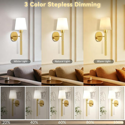 Battery Operated Wall Sconce, Wireless Wall Lamp Set of 2 RGB Dimmable Rechargeable Wall Lights with Bulbs and Remote, 12 Colors Gold Wall Sconces for Bedroom Nightstand Living Room Hallway