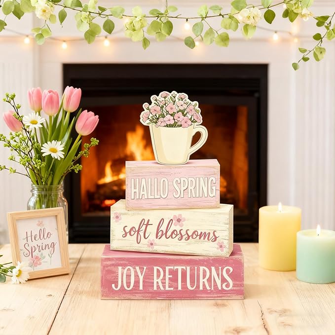 Spring Decoration Wooden Tiered Tray Decor – Rustic Hallo Spring Stacked Block Sign with Flower Cup Topper – Farmhouse Tabletop Spring Decor for Living Room Shelf Kitchen Coffee Bar Seasonal Home Display