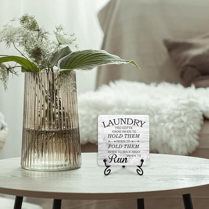 Laundry Room Sign With Iron Support, Home Bathroom Desk Laundry Room Decor Wood Sign Shelf Decor Farmhouse Housewarming Gifts Laundry You Gotta Know When to Hold Them Table Centerpiece - (a013)