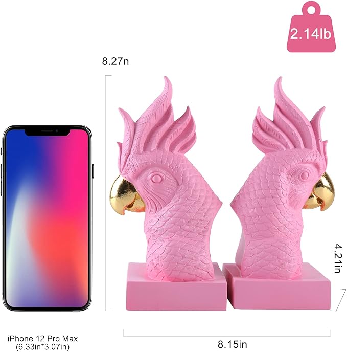 Pink Parrot Decorative Bookends,Set of 2 Cute Bird Animal Sculpture Book Ends to Hold Hevay Duty Books,Unique Resin Statues Book Stopper for Home Office Desk Bookshelf Decor