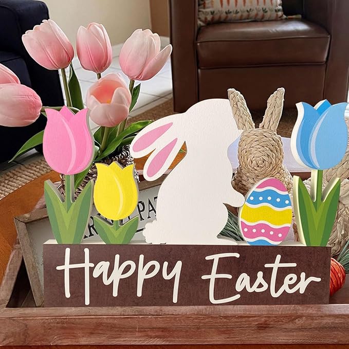 Wooden Bunny Easter Table Decorations Happy Easter Tulips Tiered Tray Decor Rustic Farmhouse Centerpiece Decor Decorative Mantle Tabletop Accent Home Office Wood Sign 6 Pcs Pink Yellow Blue White