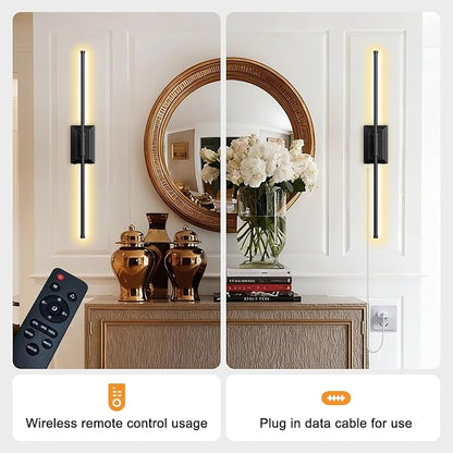 Battery Operated Wireless Wall Sconce - Modern Rechargeable Led Sconces in Black Gold Silver - Bedroom Decor Stick On Lights Set of 1 - Long Indoor Living Room Bathroom Remote Wall Light