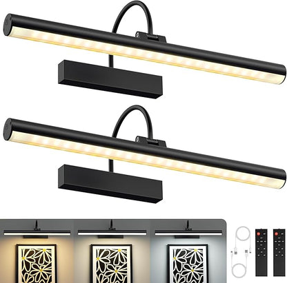 VOLISUN Picture Lights for Wall, 16 inch Rechargable Picture Light Battery Operated, 3 Color Temperatures Cordless Picture Light with Remote, Art Light for Paintings, Gallery, Portrait, 2 Pack (Black)