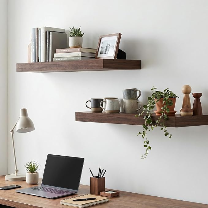 INHABIT UNION 20in Floating Shelves for Wall, Wall Mounted Shelves for Decor Storage Set of 2, Floating Shelf for Bedroom, Bathroom, Living Room and Kitchen（Dark Walnut）
