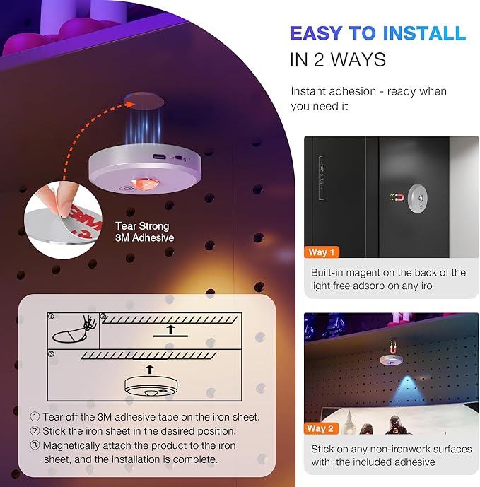 RGB Puck Lights with Remote Control, 2000mAh Battery Operated Tap Lights Rechargeable, 9 Colors & 2 Dynamic Changing Under Cabinet Lighting, Magnetic Stick on Light for Closet(Silver, 3 Pack)