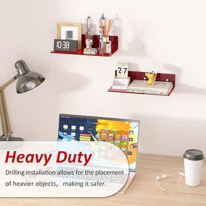 12 Inches Red Small Wall Shelves, Acrylic Bathroom Floating Shelves for Living Room, Bathroom, Bedroom, 2 Pack