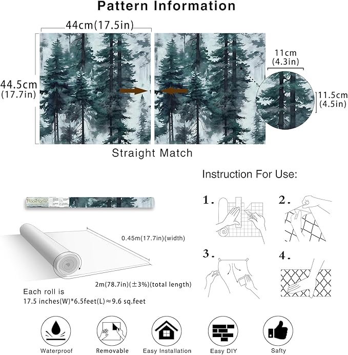 HAOKHOME Forest Peel and Stick Wallpaper Misty Blue Removable Vinyl Mural for Bathroom Bedroom Accent Wall Self Adhesive Contact Paper Tree Wall Decor 17.3in x 118in