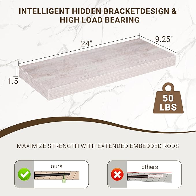 24 Inch Floating Shelves, 3D Textured Wood Grain, 24
