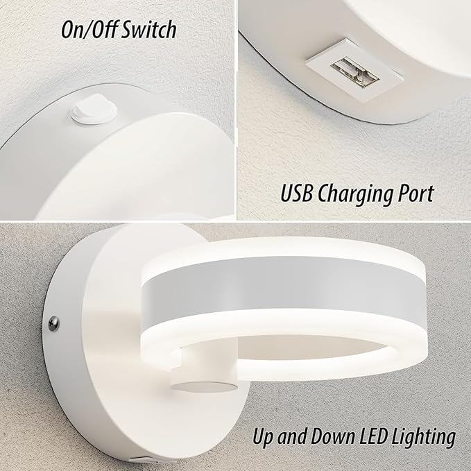 LED Wall Sconces Set of Two with ON/Off Switch, White Rotatable Hardwired Wall Light Fixtures, Built in USB Charging Port, Modern Wall Decor for Bed Lighting.