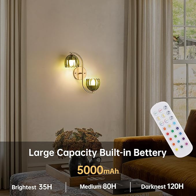 Battery Operated Wall Sconce, 2-Lights Vinatge Brass Wall Lighting Up and Down with Green Tulip Shade for Living Room, Bedroom