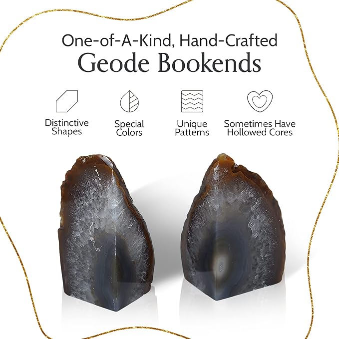 Nature's Decorations Natural Agate Bookends – A+ Grade Geode Heavy Duty Decorative Stone Crystal Book Ends for Shelves & Bookcases, Polished Bookshelf Decor, 1 Pair 3-4Lbs