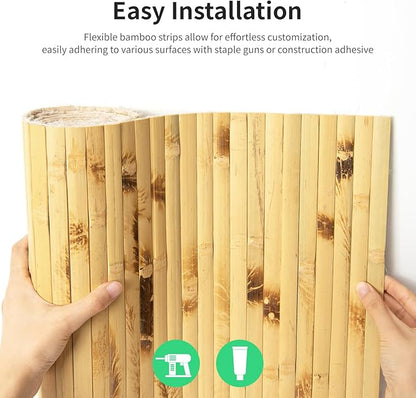 Natural Bamboo Wall Panel for Interior Wall Decor, Renewable Pole Wrap Wainscoting Paneling for Wall Ceiling Furniture Cabinet Office, 48 x 96 Inch, Light Burned
