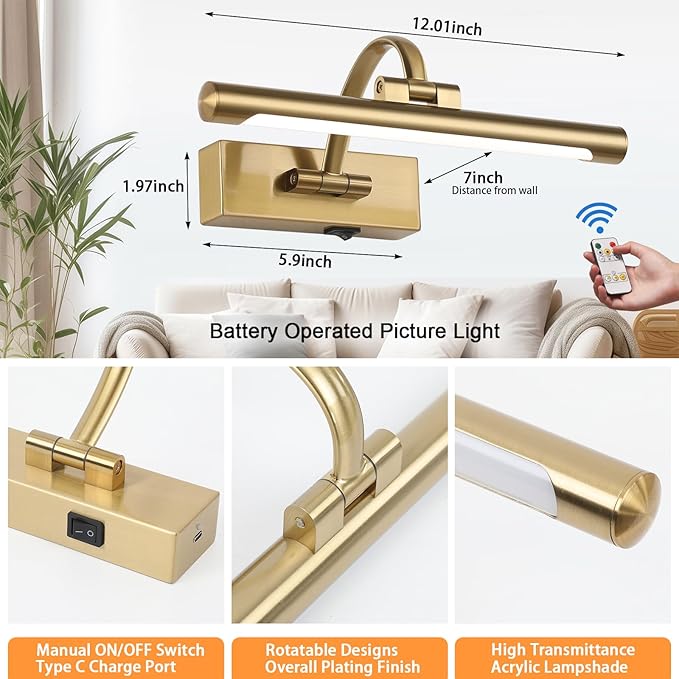 Rechargeable Picture Light with Remote Control,12 Inch Brass Finish Adjustable Wireless Art Lighting Fixture,Painting Lights with Timer,3 Color Temperature and Dimmable