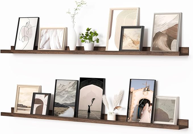 Heimlove Picture Ledge Shelf, Floating Shelves Set of 2, 56 Inches Picture Shelf for Wall with Ledge, Kids Bookshelf Wall Mounted for Living Room Bedroom Decor Books Photo Frames, Walnut