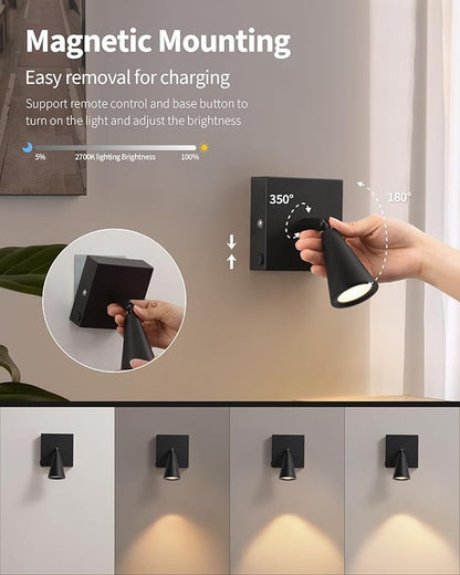 Battery Operated Wall Sconce Set of 2, Wall Lamp with Remote, 7000mAh Dimmable Magnetic 350° Swivel Cordless Rechargeable Wall Lights for RV Bedroom Bedside Hallway Gallery Wall Decort - Black