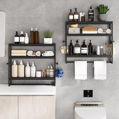 RRX Bathroom Shelf Storage Organizer, Bathroom Shelf 3-Tier Adjustable Layer Bamboo Organizer with Bar, Hanging, Freestanding Over Toilet Utility Shelves, Black