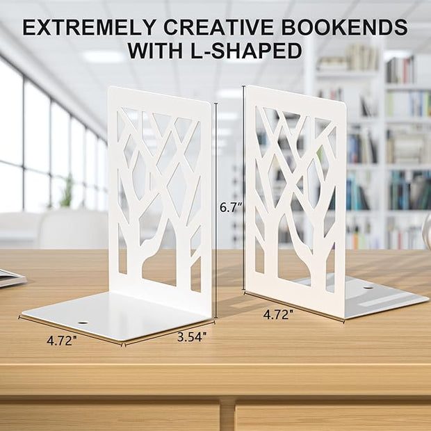 White Bookends 4 Pieces, Tree Design Modern Metal Bookends for Shelves, Unique Tree Book Ends Decorative Book Organizer for Desk, Decorative Shelve Book Stopper for Home Office