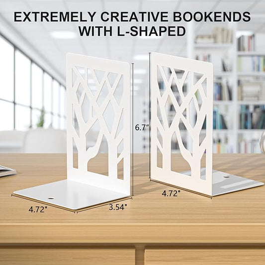 White Bookends 8 Pack, Tree Design Modern Metal Bookends for Shelves, Unique Tree Book Ends Decorative Book Organizer for Desk, Decorative Shelve Book Stopper for Home Office