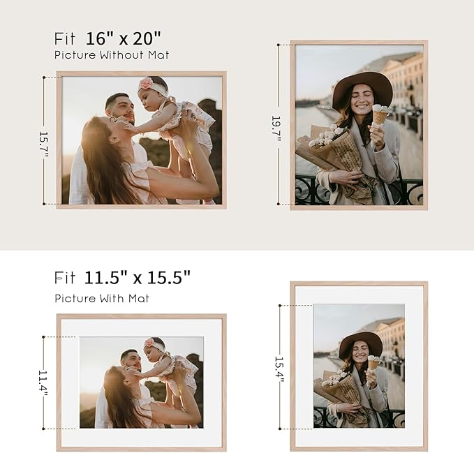 puthiac 16x20 Solid Oak Wood Picture Frame, Fits 12x16 with Mat or 16x20 Without Mat, Wall Display Only, Vertical or Horizontal, Plexi Front, 3 Pack, Natural Oak