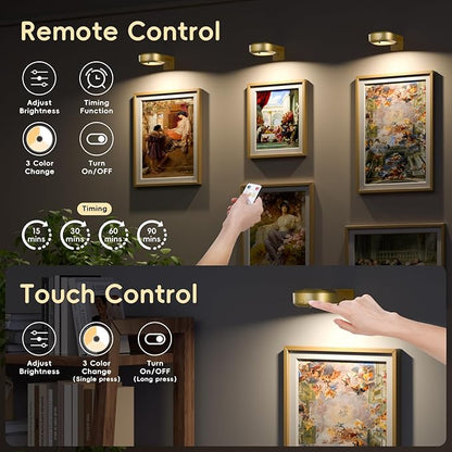 Picture Lights for Wall, Rechargeable Magnetic Poster Lights with 3 Color Temperatures, Dimmable Timer Painting Decor Light for Art Display, Frame (Gold, 1 Pack)