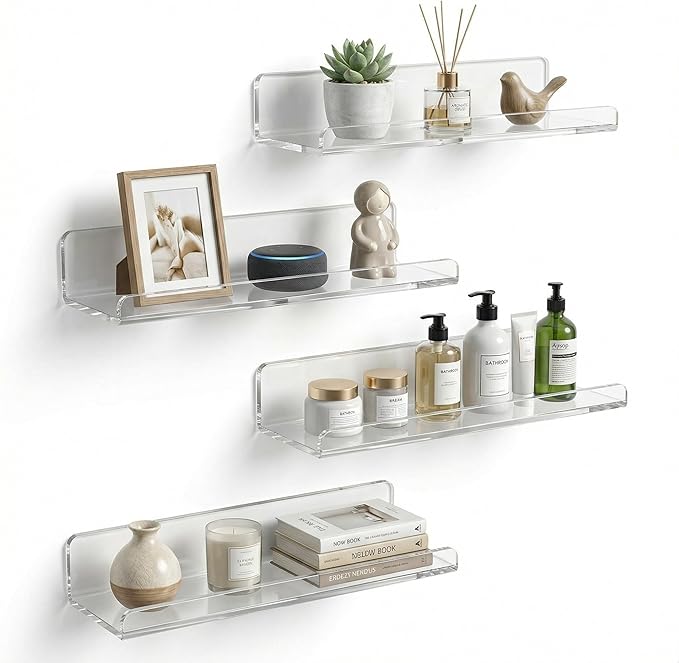 Acrylic Floating Shelves, Adhesive Wall Mount Command Shelves for Bathroom, Kitchen, Dorm - Renter-Friendly Easy Install Wall Shelves for Home Decor and Organization (Fully Clear-4 Pack)