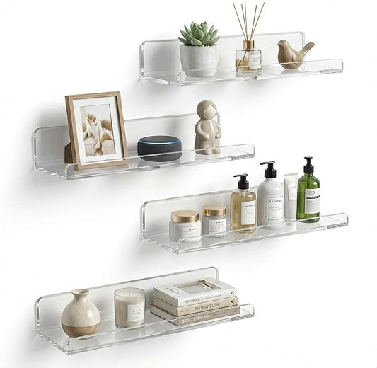 Acrylic Floating Shelves, Adhesive Wall Mount Command Shelves for Bathroom, Kitchen, Dorm - Renter-Friendly Easy Install Wall Shelves for Home Decor and Organization (Fully Clear-4 Pack)