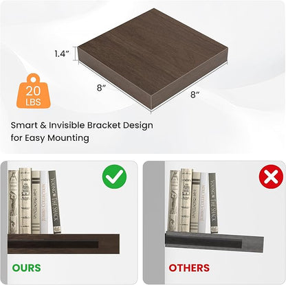 Square Floating Shelves for Wall, 7.5" W x 7.5" D x 1.4" H, Small Wooden Wall Mounted Display Shelf with Invisible Brackets for Living Room, Bathroom, Kitchen Decor, Set of 4, Walnut