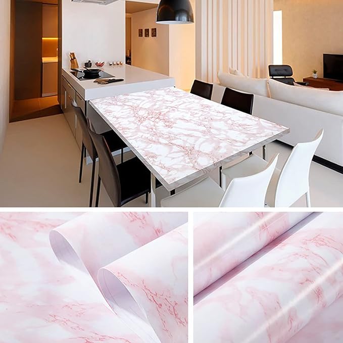 practicalWs 15.7 in × 118 in White Pink Marble Stick Paper Peel and Stick Countertops Self-Adhesive Vinyl Watertight Wallpaper Great As Cabinets Drawer Shelf Wall Crafts Wall Paper Decorations