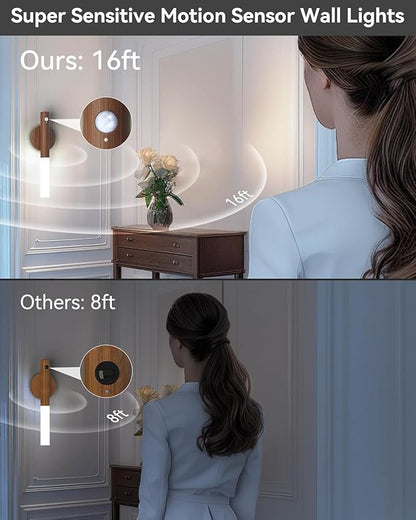 iThird Battery-Operated Wall Sconce Wall Lights: 2200mAh Rechargeable Motion Sensor Magnetic Wireless Stairway Lights Portable Hallway Light Wooden Wall Lighting for Bedroom Stair(White Light)