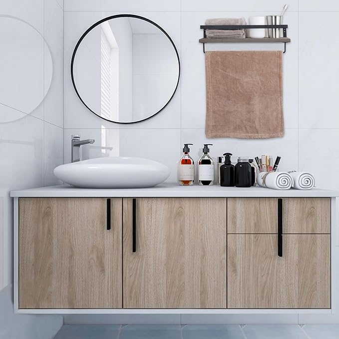 Elevon Floating Shelves for Bathroom Organizer Over Toilet, Bathroom Shelves Wall Mounted with Towel Rack, Corner Wall Shelf for Bedroom Decor Kitchen Storage (Gray, Set of 2)