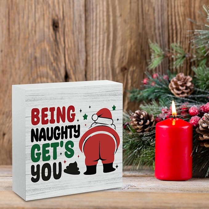 Funny Christmas Bathroom Decor Bathroom Desk Accessories Christmas Decorations Indoor Wooden Box for Toilet Shelves Santa Being Naughty Get's You Signs 5 X 5 Inch