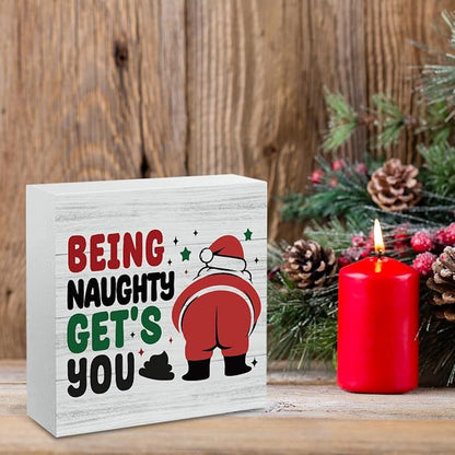 Funny Christmas Bathroom Decor Bathroom Desk Accessories Christmas Decorations Indoor Wooden Box for Toilet Shelves Santa Being Naughty Get's You Signs 5 X 5 Inch