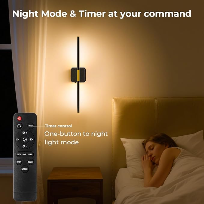 Battery Operated Wall Sconce Detachable 360°Rotate, Wireless Wall Lamp 3000-6500K Dimmable, 10000mAh Rechargeable Wall Light for Bedroom, Living Room，28.3" Black Gold (1 Pack)