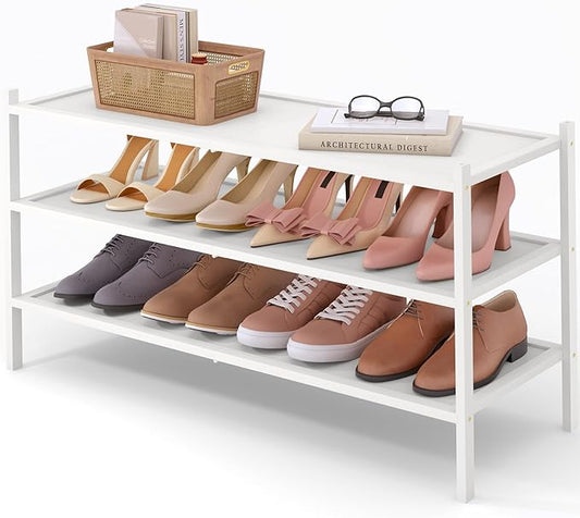Smiry Bamboo Long Shoe Rack, 3 Tier Shoe Organizer for Entryway & Closet, Stackable Free Standing Storage Shelf for Shoes, Bags & Plants, White