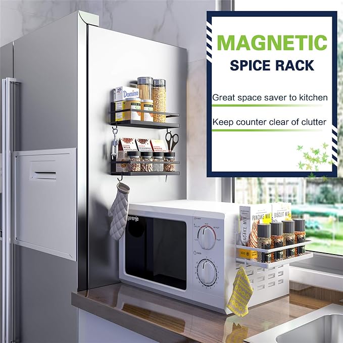 Thipoten Magnetic Spice Rack, Strong Magnetic Shelf with 2 Removable Hooks, Perfect Space Saver for Small Kitchen/Apartment, Awesome Metal Cabinet for Holding Spices, Jars, Bottle, Beverage(Black)