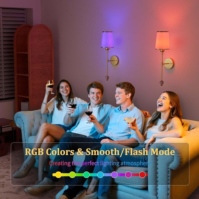 PAIHOME Gold Wall Sconces Set of Two, Wireless Battery Operated Wall Sconces with 5000mAh Dimmable 15 Colors Bulb and Remote, Rechargeable Wall Sconce for Bedroom Living Room Bathroom Hallway