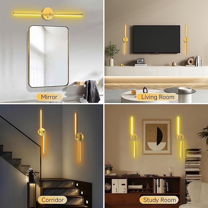 Battery Operated Wall Sconce of 2, 360°DIY Rotatable,Wireless Magnetic Wall Lights with Remote,10 RGB Color with 5CCT Dimmable,Cordless Wall Lamp Decor for Vanity Bedroom 10000mAh Gold