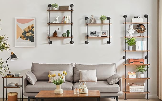 YMYNY Industrial Pipe Ladder Shelf, 6-Tier Wall Mounted Bookcase with Metal Frame, 78.7