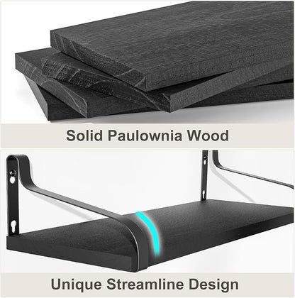 Love-KANKEI Black Floating Shelves for Wall Set of 4, 15.7 Inch Wood Wall Shelves with Bracket, Rustic Hanging Shelves for Bathroom, Bedroom, Kitchen,Living Room, Office Display