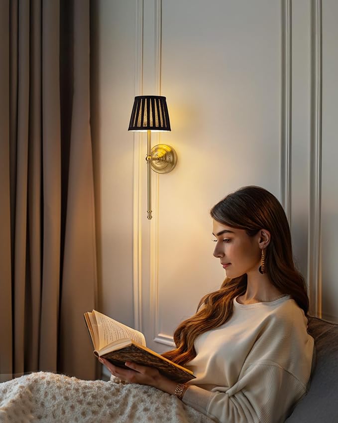 KDG Cordless Wall Sconces Set of 2, Small Wireless 5200mAh Rechargeable Battery Fabric LED Wall Lamps, Portables Lightings for Wall Painting, Living Room, Bedroom, Hallway, Gifts, Night Light (Black)