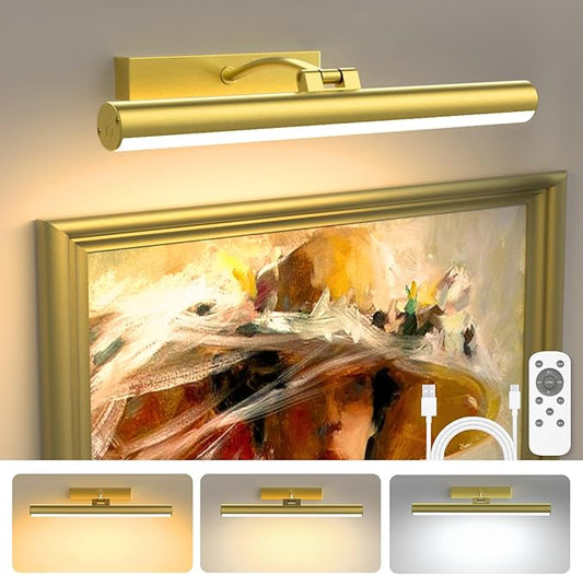 Bridika Picture Lights for Wall Battery Operated with Remote, 3 Color Modes and Dimmable Rechargeable Art Lights for Paintings, Gallery, Bedroom, Bathroom with Timer Gold 1