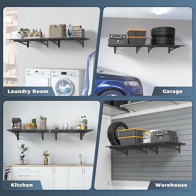 2 Pack Heavy Duty Garage Wall Shelving Set (2x3ft), Wall Mounted Garage Shelves 700lbs Capacity, 24