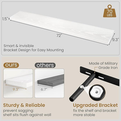 Fun Memories 72 Inch Long Floating Shelves for Wall, 72x9.3 Large Floating Shelf for Bedroom, Kitchen, Bathroom, Wall Mounted Rustic Wood Shelves with Invisible Bracket for Books, Decor, White