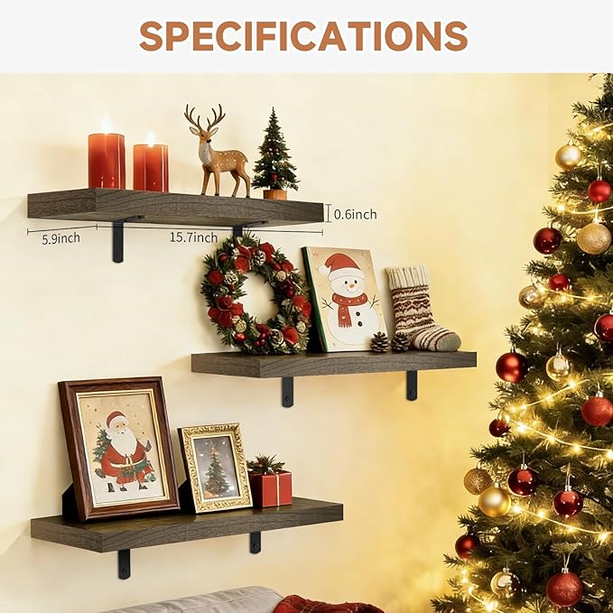 LifetimeWarranty Wall Shelves With Brackets, NOT Floating Easy Install 15.7Inch Solid Wood Shelf 3PCS,Picture Ledge Display Shelf for Living Room Bedroom Kitchen,House Decor Shelf for Book Plant Frame