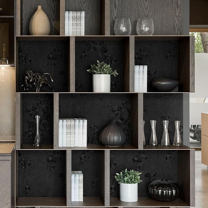 Black Peel and Stick Wallpaper Floral Black Wallpaper 17.7inch x 196.8inch Embossed Flower Contact Paper Peel and Stick Textured Self Adhesive Removable Wall Paper Floral Vinyl for Cabinets