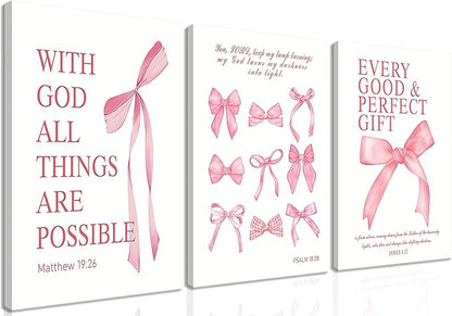 Pink Bow Canvas Wall Art Set of 3, Pink Coquette Dorm Room Wall Decor Paintings, Inspirational Scripture Verses Bows Posters Prints Pictures for Girls Dorm Room Bathroom Bedroom 12x16 Inch Framed