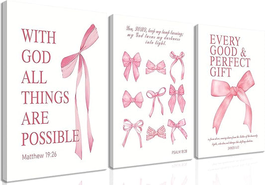 Pink Bow Canvas Wall Art Set of 3, Pink Coquette Dorm Room Wall Decor Paintings, Inspirational Scripture Verses Bows Posters Prints Pictures for Girls Dorm Room Bathroom Bedroom 12x16 Inch Framed
